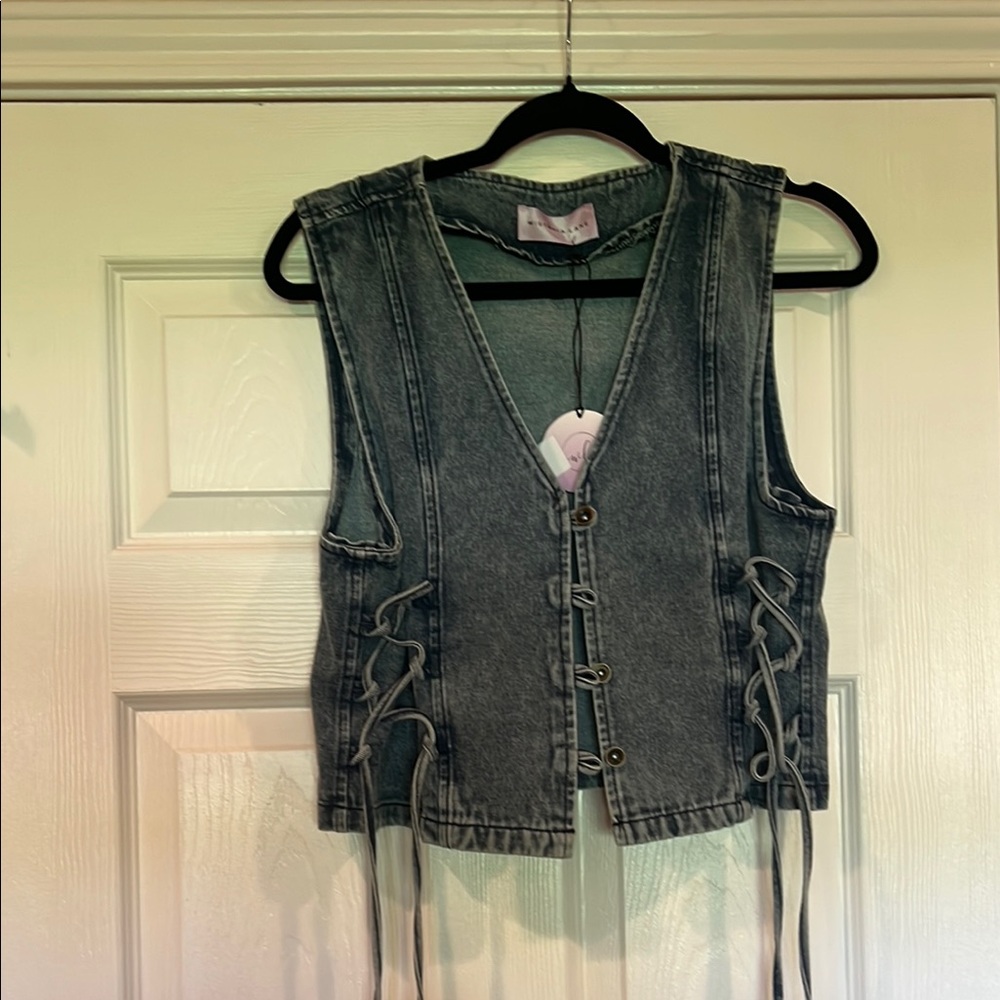 Denim Vest with Button Closure Lace-Up Details